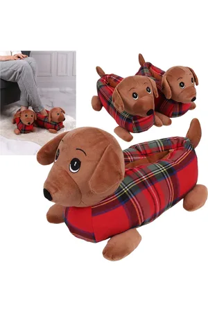 Produkt Warme en zachte damespantoffels, teckel honden, winterpantoffels, geruit, anti-slip