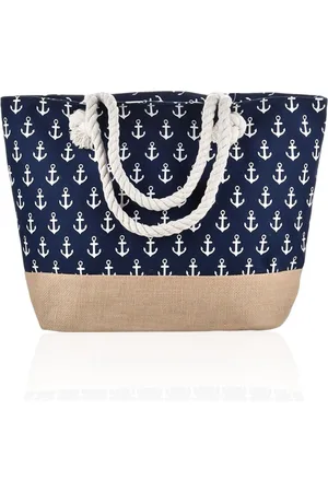 Merkloos Strandtas met ankerprint - Canvas schoudertas voor dames - Grote capaciteit strandtas voor familie - Marineblauw - E??n maat .