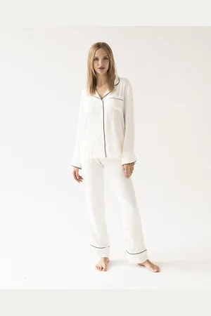 Aruelle Dames Pyjama Charlotte-Satijnlook-Lange Mouwen & Broek-Elegante Zwarte Accenten-