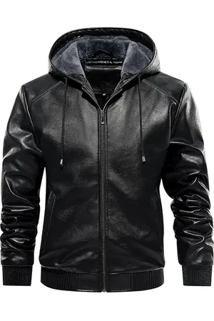 Merkloos Winterjas voor heren, lederen jas, warm gevoerd, kunstleren jas met capuchon, winddicht, outdoor, motorjas met ritssluiting