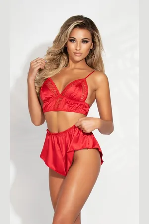 Seven til Midnight Two piece satin and lace long line bralette and tap short set