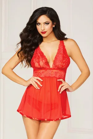 Seven til Midnight Two piece floral galloon lace babydoll with plunging neckline and panty