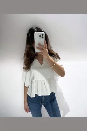 Merkloos Korte top - witte top - Blouse met Korte mouwen - Lente/ Zomer