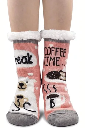 Merkloos Dames Huissokken Stoppersokken Wintersokken: Knuffelsokken Warm Dik Sokken met ABS Anti-slip Zolen, Binnenste Fleece, Grappig Dierenpatroon Kerstsokken 1 Paar