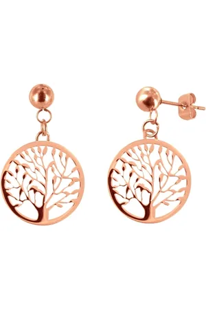 CO88 Oorbellen Dames - Oorbellen met Hanger - Levensboom - Ø25mm - Staal - Roségoudkleurig - 8CE-10006