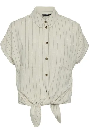 Pieces® Blouse Pcvinsty Ss Linen Tie Shirt Noos 17124357 Oatmeal/black Dames
