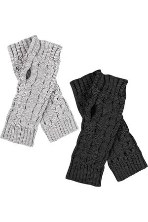 Merkloos Vingerloze handschoenen voor dames - 2 paar gebreide winterhandschoenen - polswarmers - handwarmers - kort - vingerloos - uniseks - zwart - grijs .