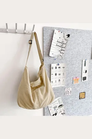 Merkloos Uniseks corduroy tas, schoudertas, grote shopper, modieuze stoffen tas voor dagelijks gebruik, kantoor, school, reizen, Kaki, Retro