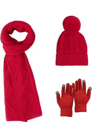 Merkloos Lange Sjaal Pompom Hoed Touchscreen Handschoenen Set Unisex Zachte Stretch Stof Warm Houden Koud Weer Winter Accessary Rood M - Stijlvol en Comfortabel