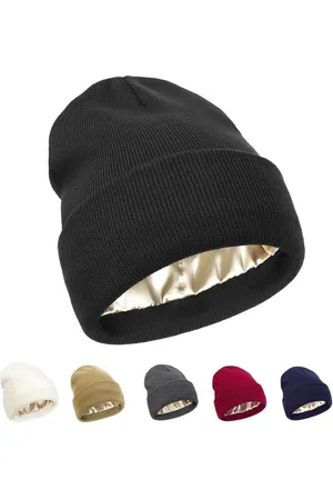 Merkloos Dames gebreide muts met satijnen voering kabel gebreid slouchy/pompon paardenstaart hoed - zwart One Size