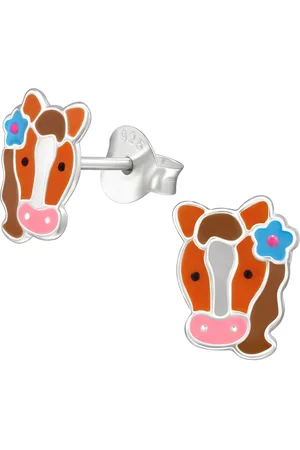 JYC Joy|S - Zilveren paard oorbellen - 7 x 9 mm - paardenhoofd met blauwe bloem - sterling zilver 925 - kinderoorbellen
