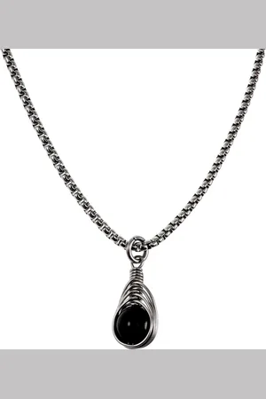 esde2 60cm x 3mm Jasseron-Ketting + Gepolijst Onyx Steen Hanger Dames - RVS - Handgemaakt - Zwarte Steen Hanger met Ketting