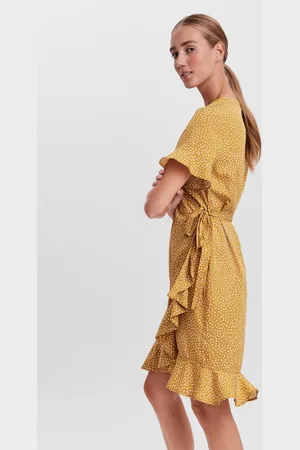 VERO MODA Jurk Vmhenna 2/4 Wrap Frill Dress Noos 10252951 Harvest Gold/tiny Dots Dames
