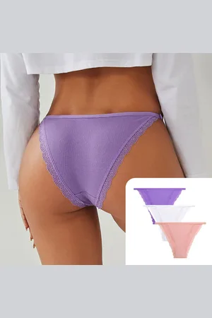 Merkloos 3 Pack - Sexy Dames Slip - Paars, Roze en Wit - Dunne Tailleband - Onderbroek 95% Katoen - Dames Lingerie / Ondergoed Set