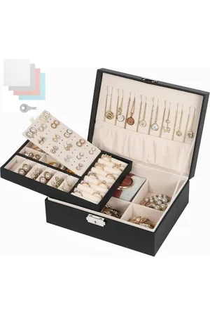 Merkloos Sieradendoos 2-laags groot sieradendoosje voor vrouwen - PU-lederen sieradenopbergdoos met slot - organizer voor oorbellen ringen ketting armbanden - zwart