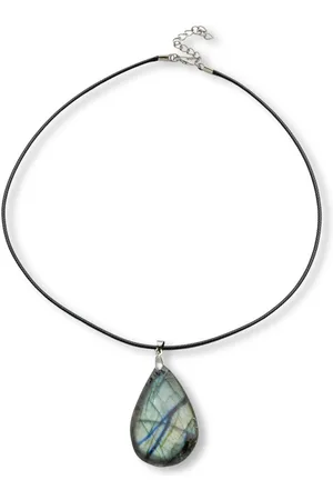 Marama Herenketting Labradoriet zwart leer - edelsteen grijs blauw - met hanger - robuust - druppelvorm - cadeau mannen - luxe geschenkverpakking