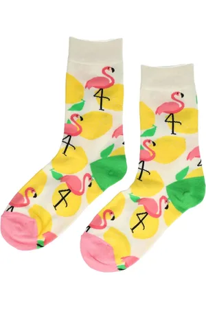 Merkloos Sokken - Flamingo Vogel - Katoen - Uniseks - Schoenmaat 36-43 - Wit Geel Groen Funny Crazy Socks Sokkenlol