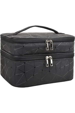 Merkloos Make-uptas groot dubbellaags make-uptas met kwastvak en scheidingswand zwart - - zwarte make-up tas met kwasthouder Toilettas