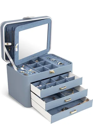 Merkloos 4-laags Sieradendoos met Slot en Spiegel - Oorbellen Armbanden Ringen Kettingen - Blauwgrijs