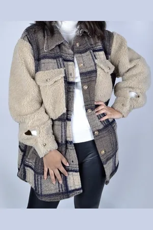 Giuliano Teddyjas | Teddy | Jas | Vest | Jacket | Geruit | Winter | Herfst | | Beige | Bruin | Teddystof | Dames | One Size | Geschikt voor M | L | XL