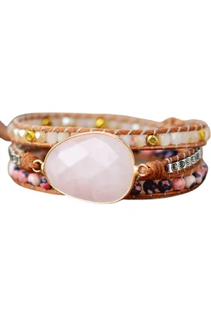 Marama Wikkelarmband Pink Rose - damesarmband - edelsteen Rozenkwarts - leer - 50 cm - cadeautje voor haar