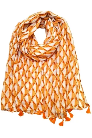 Merkloos Lange dames sjaal Jitske fantasiemotief geometrische print wit abrikoos burnt orange