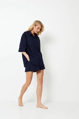 Aruelle Dames Linnen Set Nia- -Overhemd met Korte Mouwen-Shorts met Elastische Band en Zakken