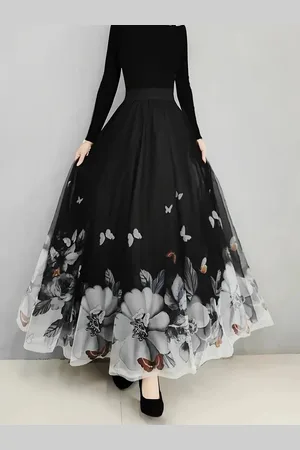 Merkloos Bloemen- En Vlinderprint Hoge Taille Rok, Elegante Gerimpelde Zoom Zwierige Maxi Rok, Dameskleding