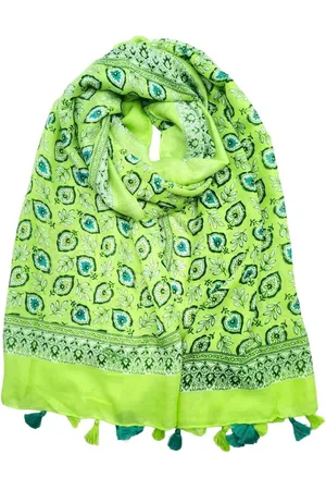 Merkloos Lange dames sjaal Iris gebloemd motief licht lime wit donker evergreen blauw