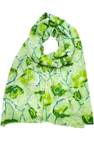Merkloos Lange dames sjaal Esther gebloemd motief wit zwart turquoise blauw goud mint donker lime bladgroen