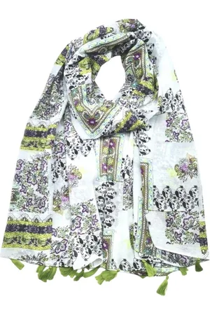 Merkloos Lange dames sjaal Diny gebloemd motief lime wit zwart paars sparren blauw olijf