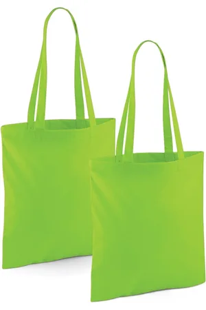 Merkloos Draagtasje met hengsels - 2x - limegreen - 42 x 38 cm - katoen - 10 liter - boodschappen - gymtas - voor kinderen en volwassenen