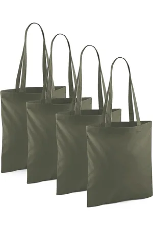 Merkloos Draagtasje met hengsels - 4x - olijfgroen - 42 x 38 cm - katoen - 10 liter - boodschappen - gymtas - voor kinderen en volwassenen