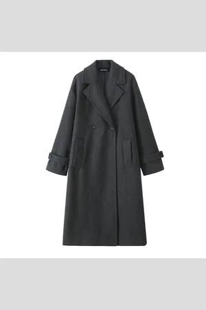 Merkloos RM Store® - Lange Winterjas - Trenchcoat - Losse Kraag - Single Breasted - Omvouwkraag - Dameskleding - Herfst / Winter - Polyester - Grijs