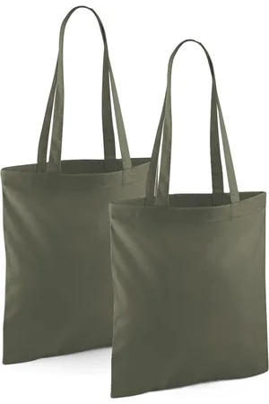 Merkloos Draagtasje met hengsels - 2x - olijfgroen - 42 x 38 cm - katoen - 10 liter - boodschappen - gymtas - voor kinderen en volwassenen