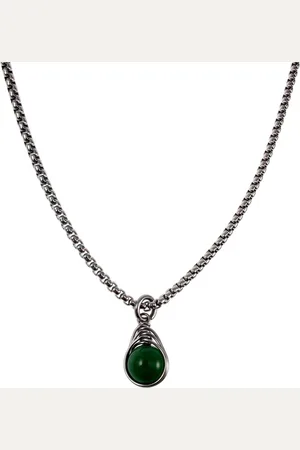 esde2 60cm x 3mm Jasseron-Ketting + Donkergroen Jade Steen Hanger Dames - RVS - Handgemaakt - Natuursteen Hanger met Ketting