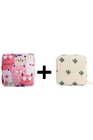 Merkloos 2 Stuks - Maandverband Tampon Make-Up Tasje - Handig voor Onderweg - Multifunctioneel Accessoire Etui - Kat en cactus - Nylon Waterdicht - 12x12x4 cm - 14.5x15x4cm