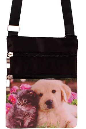 S.Y.W Schoudertasje Meisjes - Kitten met Puppie Roze Bloemen - Zwart - Diverse Vakjes & Ritsen - 14x18x0.5cm