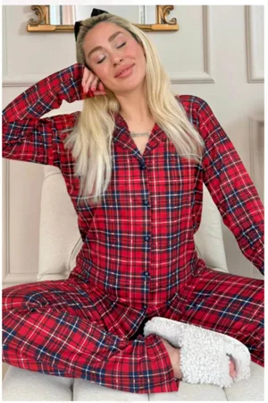 Merkloos Dames Pyjama Set- Nachtkleding Met Geruit Patroon- Katoen Lange Mouw Lange Broek