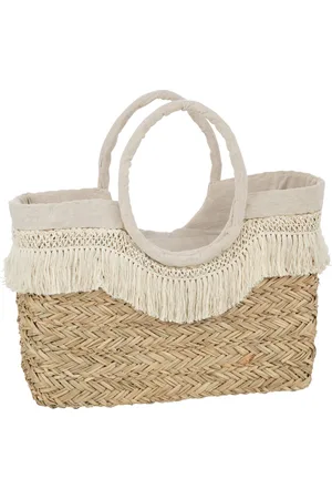 J-line Strandtas Franjes Gevlochten Zeegras Nat/creme - 40x16x29cm