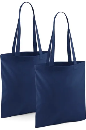 Merkloos Draagtasje met hengsels - 2x - donkerblauw - 42 x 38 cm - katoen - 10 liter - boodschappen - gymtas - voor kinderen en volwassenen