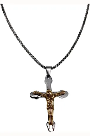esde2 55cm x 2mm Jasseron-Ketting + 37mm x 28mm Kruishanger Unisex - RVS Zilverkleur/Goudkleur - Bicolor Kruishanger met Jesus