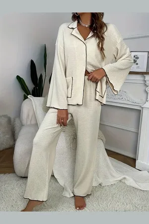 Merkloos Pyjama dames loungewear stretch katoen sexy satijn goedkoop nachtmode sexy pyjamaset huispak wijde lange pijpen wijde lange mouwen vrouwen elegant