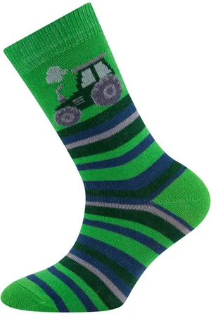 Ewers Kindersok - Groen met Donkergroene Trekker/Tractor & Groene/Blauwe/Grijze Steepjes-31/34