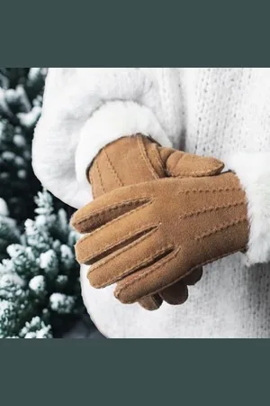 Merkloos Dames handschoenen - XS - Leder/wol - /licht bruin - warme winter handschoenen - schapenvacht handschoenen