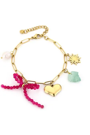 MICHELLE Bedelarmband verschillende bedels - - Stainless Steel - Waterproof bracelet - 16 + 3 cm - Gouden armband - Dames armband - Armband met bedels - Cadeau voor haar - Moederdag - Valentijnscadeau - Tiener ketting - Sinterklaas