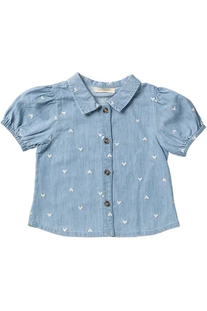 Your Wishes Slub Denim Puff Sleeve Shirt Blouses Meisjes -