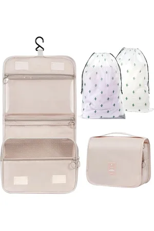 Merkloos VD WEIDE ENTERPRISE - Hangende toilettas met haak waterdicht badkamertas - kationisch materiaal - voor mannen en vrouwen - 2 x trekkoordzakken Beige .