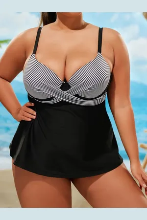Merkloos Tankini Set- Beugel BH Badpak Dames- Plus Size Retro Gestreepte Print Gekruiste V-hals Hoge Stretch Top En Panty Broekje 2-delige Set 205-