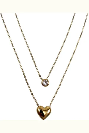 esde2 Gelaagde Ketting Dames - Verguld RVS - Dubbele Laag Ketting met Hart en Zirkontasteen – Verstelbaar 40cm tot 45cm